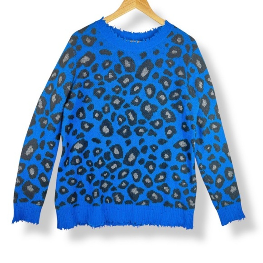 Aqua Cashmere Leopard Sweater Womens Size Large Cobalt Blue Black Animal Print‎